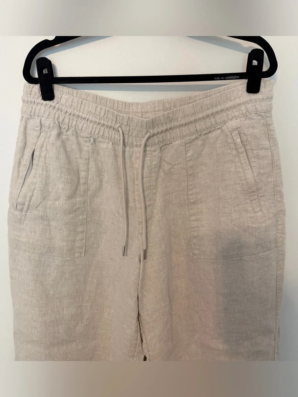Athleta 100% Linen Wide Leg Crop Pants Oatmeal Beige Drawstring‎ Large Petite